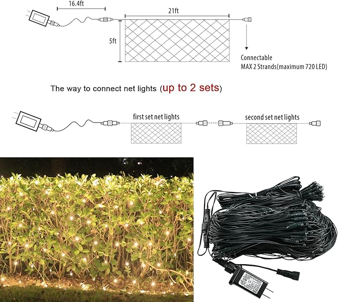 360 LED Christmas Net String Lights Outdoor, 21ft x 5ft Waterproof Warm White Mesh Giant Net, 8 Modes Connectable Fairy Lights for Bushes Tree Garden Home Party Decor