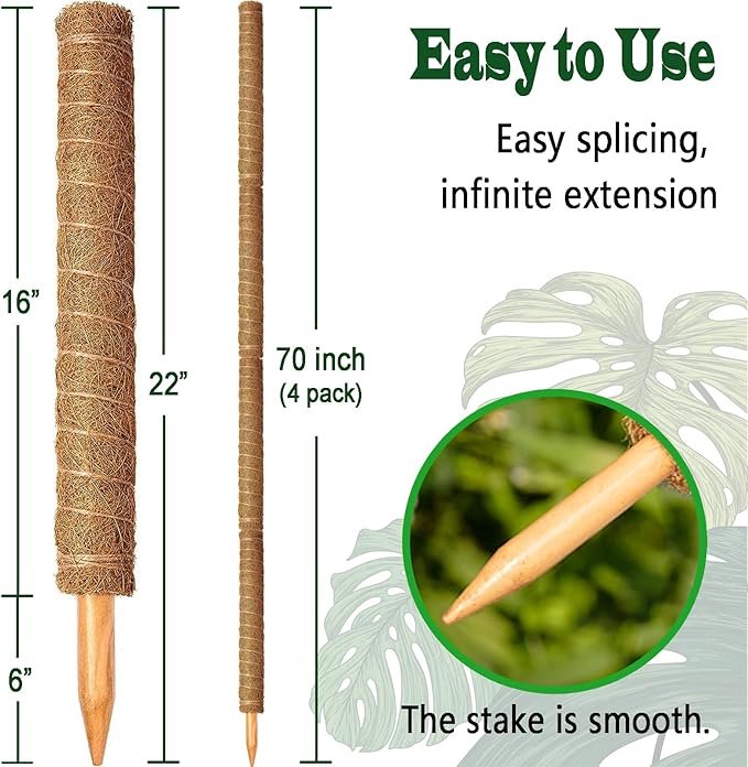 4 Pack 22 Inch Moss Poles, Stackable Moss Pole for Plants Monstera, 70 Inch Tall Moss Poles for Climbing Plants Indoor, Coir Totem Plant Support Stakes Stand for Potted Plants, Pothos