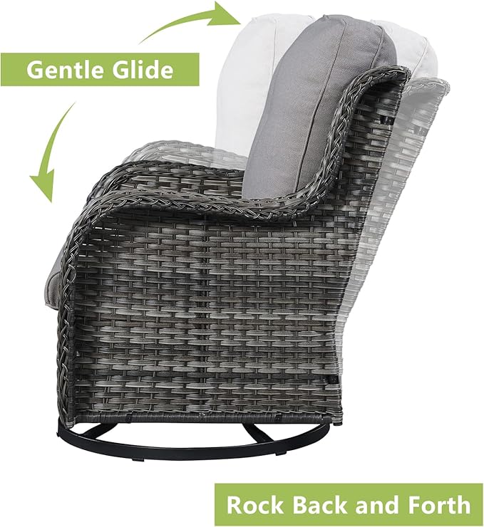 Outdoor Wicker Patio Furniture Set - 6 Piece Rattan Patio Conversation Set with 2 Rocking Swivel Chairs,2 Ottomans,1 Sofa and 1 Side Table for Porch Deck Backyard Garden(Mixed Grey/Grey)