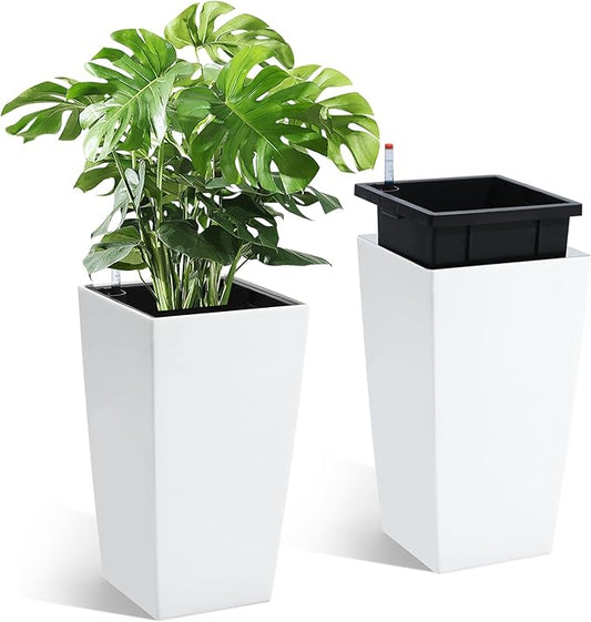 16" Tall Planters Set of 2, Outdoor&Indoor Black Planter Pots, High Front Porch Planter Pots with Drainage Holes&Water Level Monitor&Inner Bucket, Automatic Watering,White