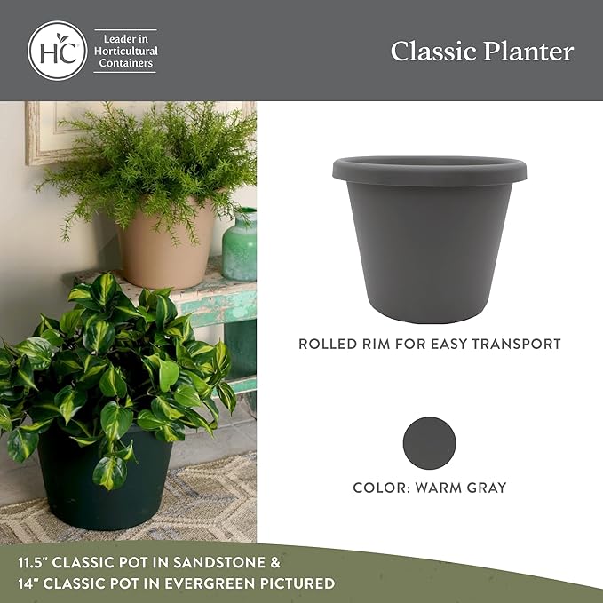 The HC Companies 17 inch Round Classic Planter - Plastic Plant Pot for Indoor Outdoor Plants Flowers Herbs, Warm Gray (2 Pack)