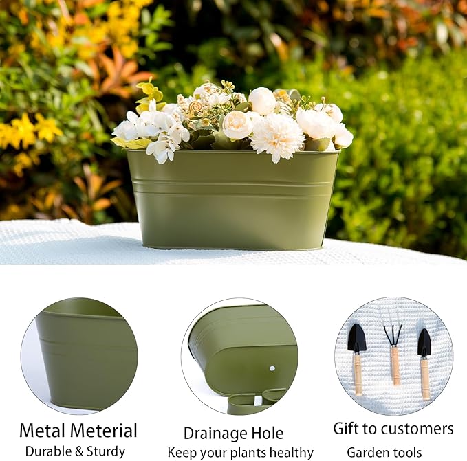 5 Pack Metal Hanging Flower Pots for Railing Fence,Outdoor Balcony Rail Planter with Garden Tools Detachable Hooks Drainage Holes for Deck Garden Home Decor Green