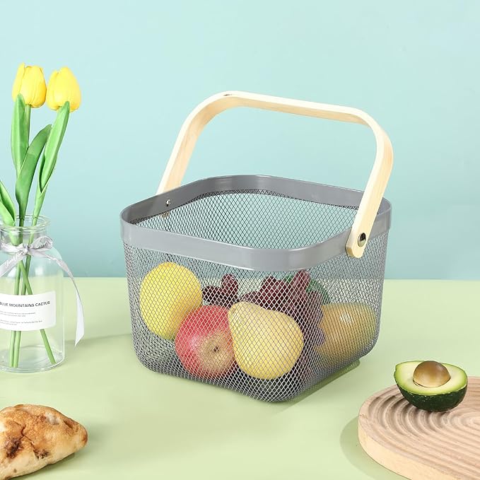 Metal Mesh Steel Basket, Storage Organizer Basket Multi-functional Hanging Kitchen Baskets Fruit Basket with Wooden Handle for Kitchen Bathroom Picnic Shopping Decor Cabinet Home, Grey