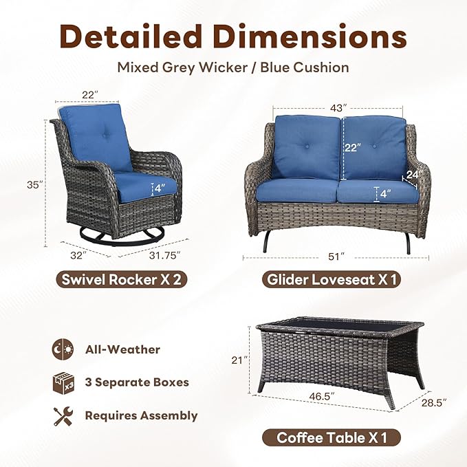 4 Piece Patio Furniture Set - Outdoor Glider Bench with Swivel Rocker Chairs and Coffee Table, High Back Small Outdoor Conversation Furniture Sets for Deck Sunroom Balcony Backyard