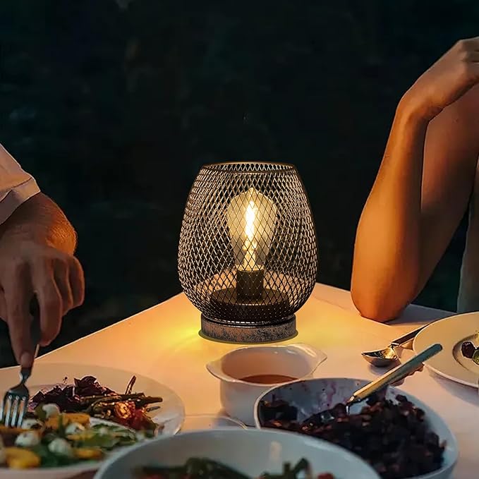 2 Pack Battery Operated Lamp Outdoor Table Lantern,Metal Cage Cordless Lamps with LED Bulb for Weddings Parties Patio Events Indoor Outdoor Patio Bedroom Living Room(Bronze)