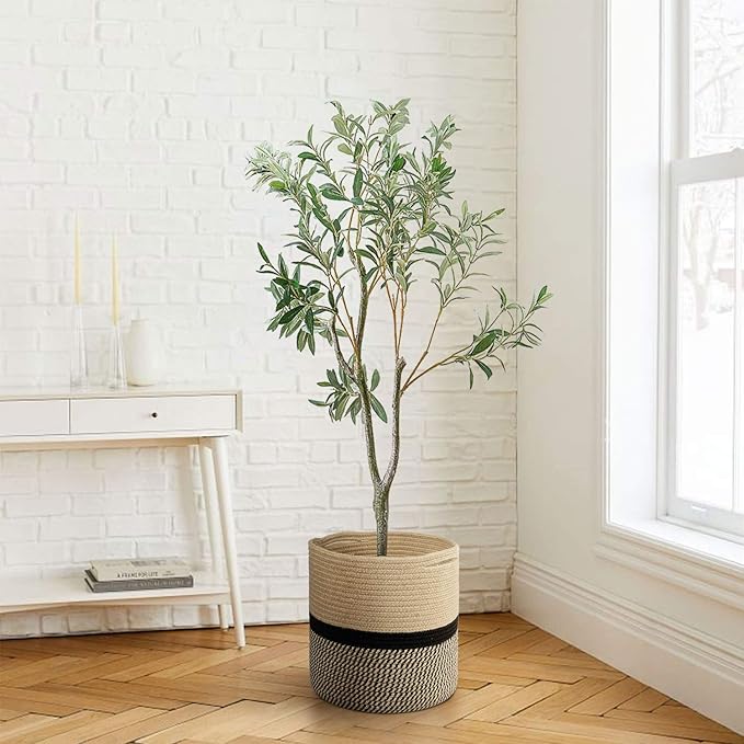 TIMEYARD Sturdy Jute Rope Plant Basket Modern Woven Basket for 11" Flower Pot Floor Indoor Planters, 12.5'' x 12.5'' Storage Organizer Basket Rustic Home Decor, Black and Beige Stripes