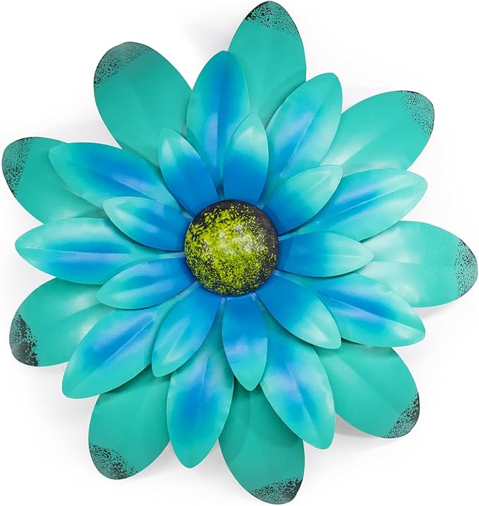 EASICUTI Blue Metal Flowers Wall Decor Metal Wall Art Decorations Hanging For Indoor Outdoor Home Bathroom Kitchen Room Bedroom Living Room Garden Patio Porch 12 Inch