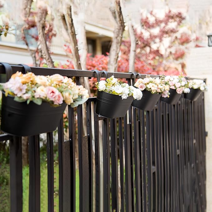 5 Pack Metal Hanging Flower Pots for Railing Fence,Outdoor Balcony Rail Planter with Garden Tools Detachable Hooks Drainage Holes for Deck Garden Home Decor Black