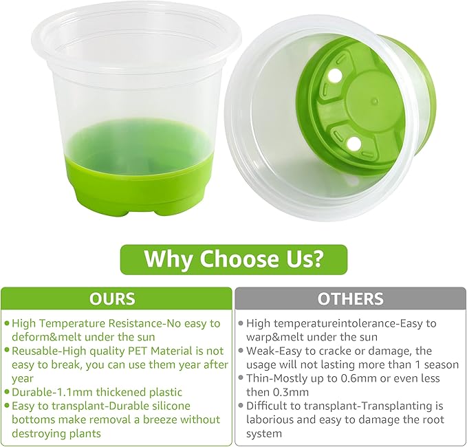 MIXC 30 Packs 4" Reinforced Clear Nursery Pots with Silicone Base for Easy Transplant, Transparent Plastic Plant Pot Reusable Seedling Pots Seed Starter Pots Flower Pot, Green