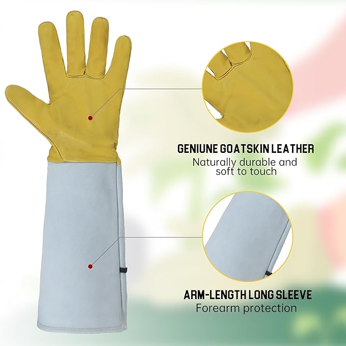 HANDLANDY Rose Gloves for Men & Women, Long Leather Gardening Gloves Thorn Proof, Best Garden Gifts & Tools for Gardener (Yellow-beige, Medium (Pack of 1))