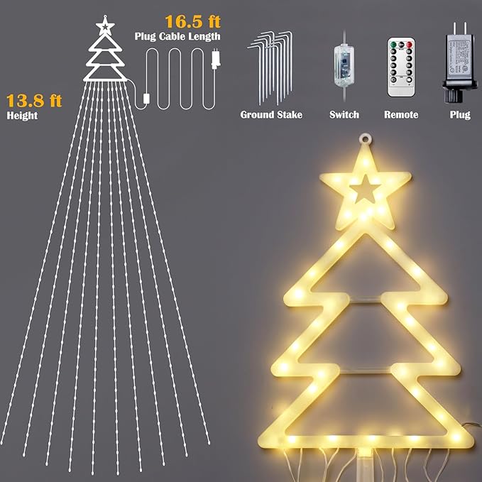 420 LED Outdoor Christmas Decorations Star String Lights Waterproof Christmas Tree Topper, 8 Lighting Modes Waterfall Lights for Tree Patio Garden Yard Party (Warm White)