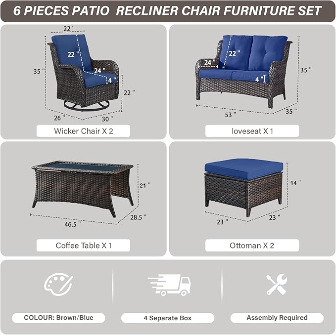 Wicker Outdoor Furniture Patio Furniture Set - 6 Piece Patio Conversation Set with Swivel Rocker Chairs, Loveseat Sofa, Ottomans and Coffee Table, Blue Cushion