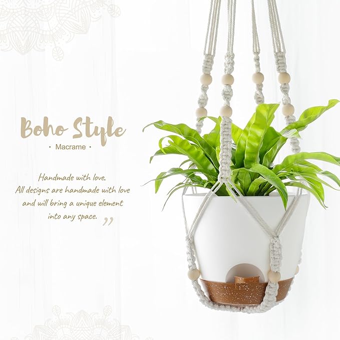 Mkono 7.5 Inch Hanging Planters, Macrame Plant Hangers with Self Watering Plant Pots Indoor Set of 2 Hanging Baskets Flower Pot Holders with Hooks No Tassels for Boho Home Decor, Ivory