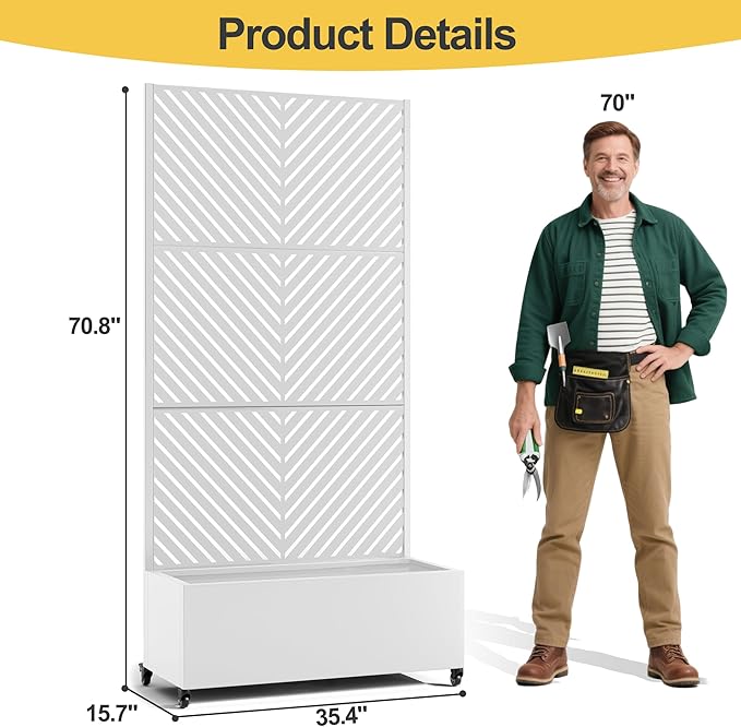 Raised Garden Bed with Trellis and Wheels,73"x35"x16" Metal Raised Garden Bed,White Parallel Metal Planter with Climbing Trellis for Vines & Vegetables