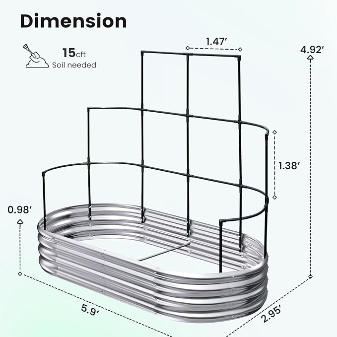KING BIRD Raised Garden Bed with Wall Trellis Galvanized Planter Garden Box Outdoor for Gardening, Climbing Vegetables, Flowers 5.9x2.95x0.98 Ft, Silver
