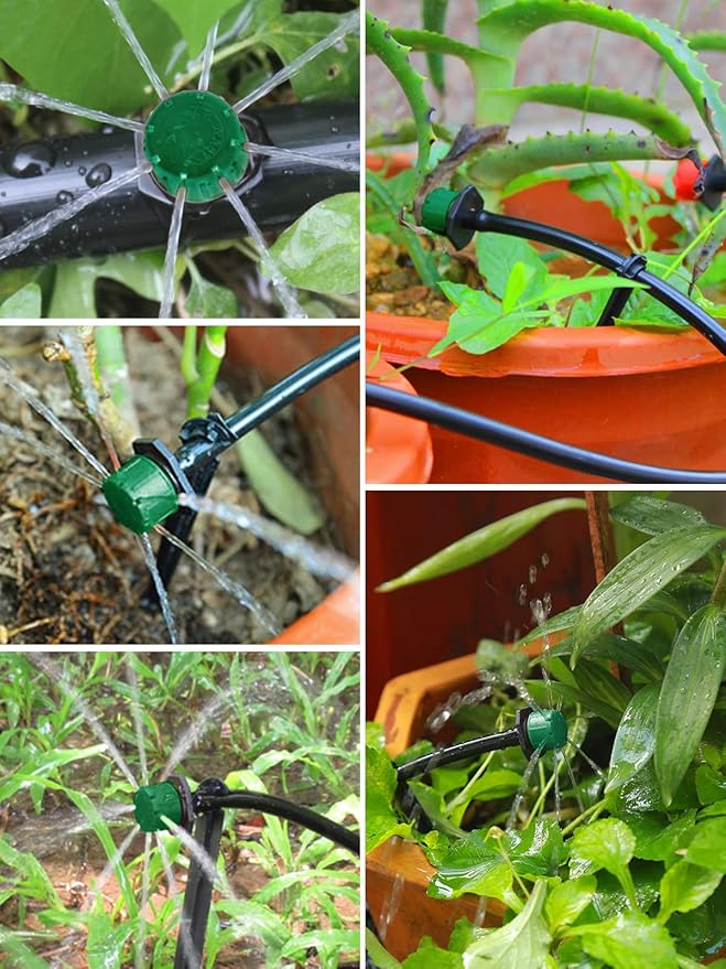Kalolary 200Pcs Adjustable Irrigation Drippers, 1/4 Inch Barbed Drip Emitter 360 Degree Watering Sprinklers Anti-Clogging Drippers for 4mm/7mm Garden Watering System(Dark Green)