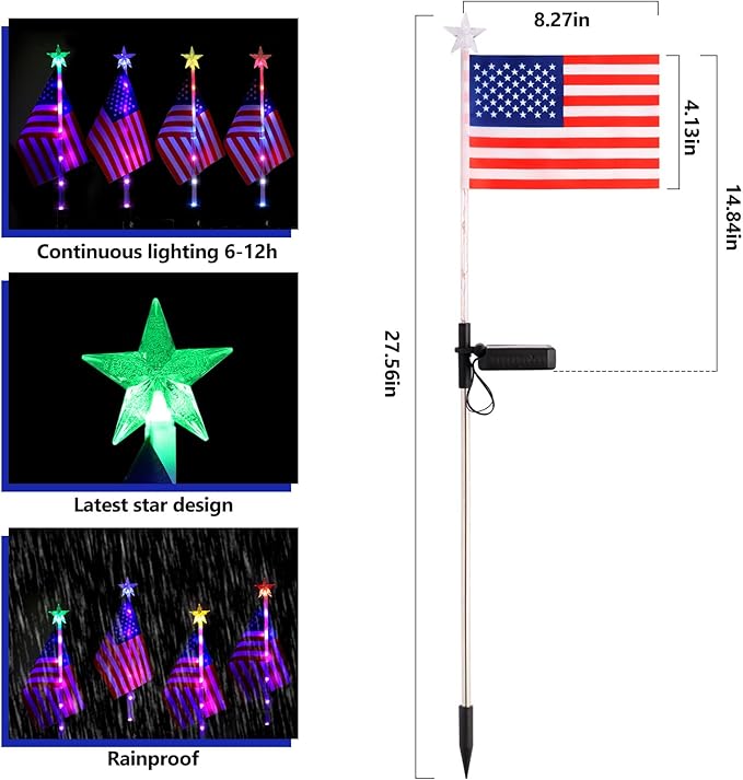 July 4th Decorative Solar American Flag Lights July 4th Solar Patriotic Flag Lights, 2 Modes Garden Pile Lights LED Landscape Lights Street Lights (Color Change), XY-T001