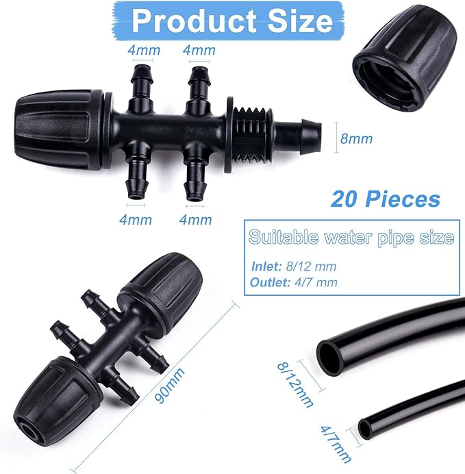 Kalolary Barbed Tee for 5/16β to 1/4β Irrigation Tube, 20PCS Anti-Drop Drip Irrigation Hose Fittings for 8/12mm 4/7mm PE Pipe Lock Female Connectors for Micro Spray Parts 6-Way Adapter Watering System