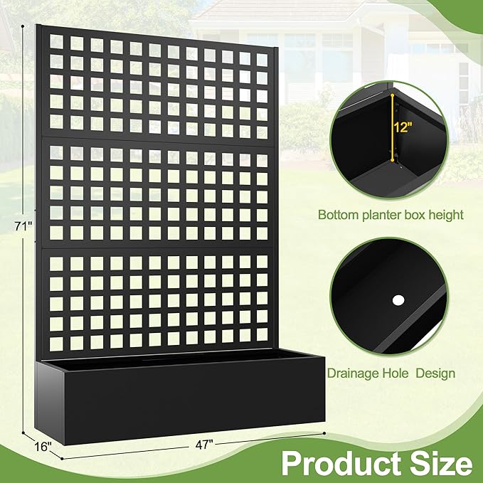 Metal Raised Garden Bed, Trellis Planters Bed with Drainage Holes for Climbing Plants, Vegetables Outdoor Privacy Screen with Planter Box 73"x47"x16", Black