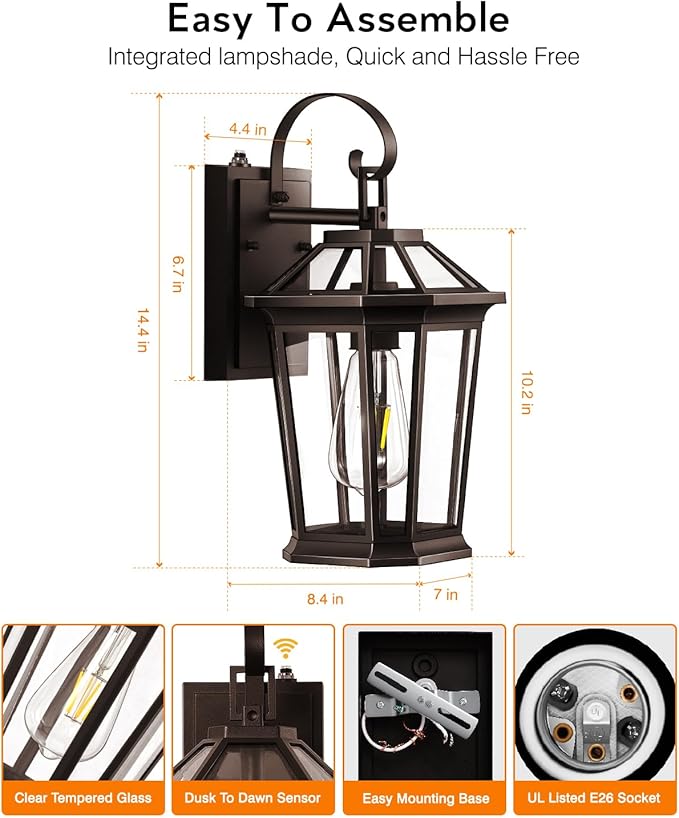 VIANIS Outdoor Wall Lights Dusk to Dawn, Oil Rubbed Bronze Exterior Lighting Fixtures for House, Waterproof ORB Porch Lights Wall Mount, Aluminum Outside Wall Sconce for Front Door, Garage