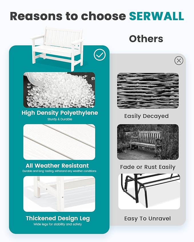 SERWALL Outdoor Bench, HDPE Outdoor Benches Weatherproof, 2-Person Garden Bench with 660 lbs Weight Capacity, Patio Benches for Outdoors, Garden, Porch, Backyard and Park, White, 2 Pack