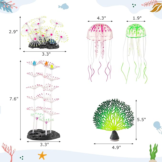 Lpraer 5 Packs Glow Aquarium Decorations Branch Coral Tree Glowing Jellyfish Simulation Glow Plant Glowing Effect Silicone for Fish Tank Decorations