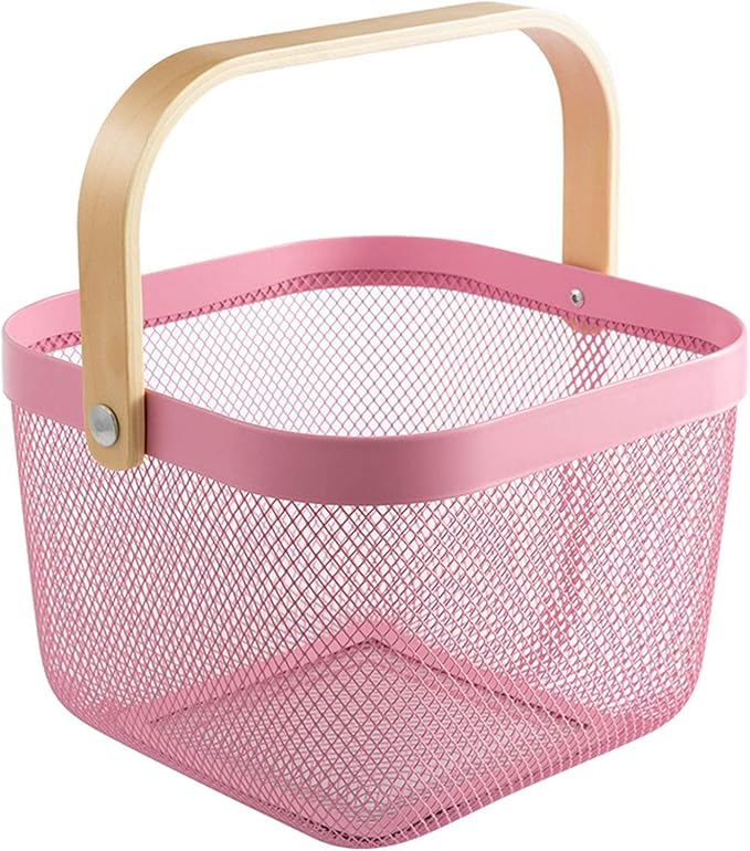 Metal Mesh Steel Basket, Storage Organizer Basket Multi-functional Hanging Kitchen Baskets Fruit Basket Bin with Bamboo Handle for Kitchen Bathroom Picnic Shopping Decor Cabinet Home, Pink