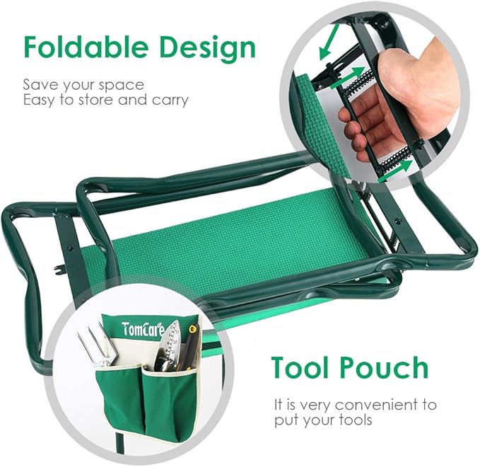 TomCare Garden Kneeler Seat Garden Bench Garden Stools Foldable Stool with Tool Bag Pouch EVA Foam Pad Outdoor Portable Kneeler for Gardening(Large-21.65" x 10.62" x 18.89", Green)
