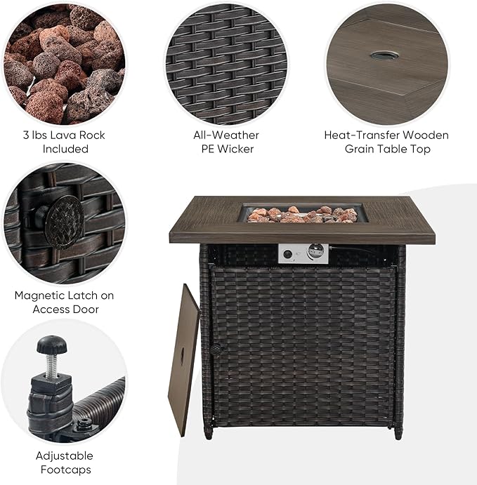 5 Pieces Patio Wicker Furniture Set - 4 Outdoor Swivel Rocker Glider Chairs with Propane Fire Pit Table, Warm Patio Conversation Set Grey Cushion Perfect for Casual Gathering
