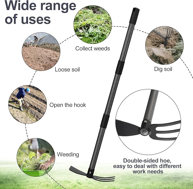 Cultivator Hoe Garden Tool, 45 inch Stainless Steel Long Handle Heavy Duty Gardening Tools,Extended Reach Double Hoes Suitable for Digging Loosening