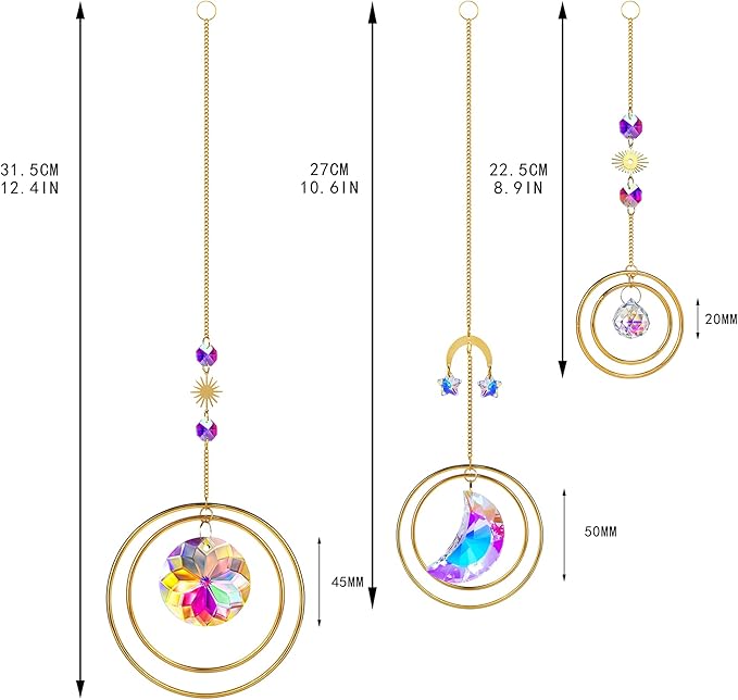 Set 3 Crystal Hanging Decorations - Sun & Moon Rainbow Crystal Suncatcher Window Car Hanging Prisms Ornament Pendant,Boho Love Wall Decoration,Home Garden Decor Gift