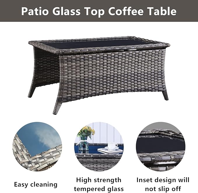 Outdoor Wicker Furniture Patio Set - 7 Piece Backyard Furniture Grey Rattan Conversation Sets with Swivel Rocker Chairs, Rattan Sofa, Club Chairs and Coffee Table, Blue Cushion