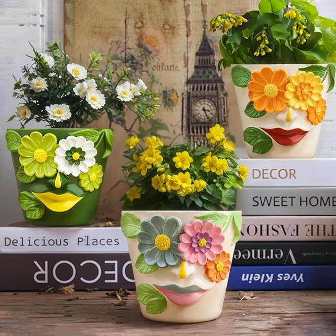 GUGUGO Flower Face Planters, Abstract Unique Head Plant Pot with Drainage, Rainbow Colorful Cute Flower Plant Pots for Indoor Plants, Funny Succulent Gardening Pot Gift Home Décor (Green&White, 5Inch)