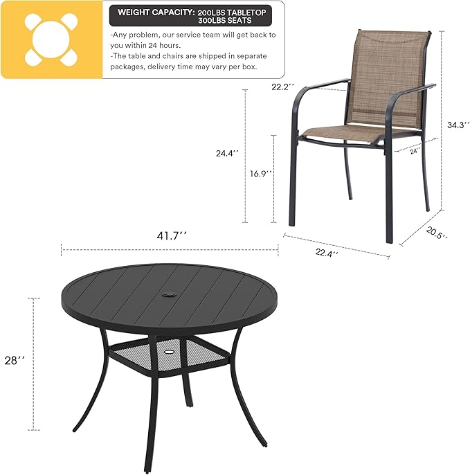 VICLLAX Patio Dining Set for 4, Outdoor Furniture Set Includes 41.2" Round Patio Table and 4 Patio Sling Chairs, Black Tabletop and Brown Fabric