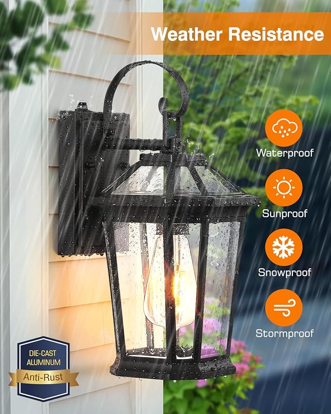 VIANIS Dusk to Dawn Outdoor Wall Lighting, Exterior Light Fixture Wall Mount for House Front Porch Light, Black Anti-Rust Aluminium Modern Outside Coach Lantern with Tempered Glass Shade for Garage