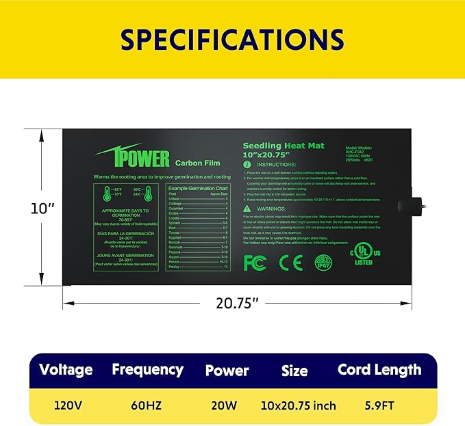 iPower 10" x 20.75" Waterproof Durable Seedling Heat Mat with Controller Warm Hydroponic Plant for Indoor Gardening Germination Starting