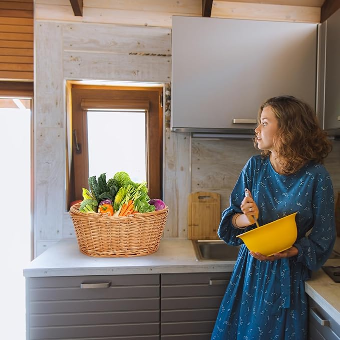 Wicker Picnic Basket with Double Folding Handles, Natural Large Willow Hamper Empty Basket Cheap Easter Eggs Candy Storage Wine Basket for Toy, Flower, Wedding(White 16inch)