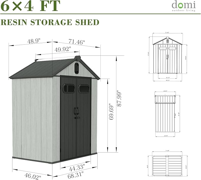 Domi 6x4FT Outdoor Resin Storage Shed with Transparent Windows & Louvered Vents, Plastic Tool Shed with Double Lockable Doors & Gable Roof, Outside Garden Shed for Backyard, Patio, Lawn, Grey