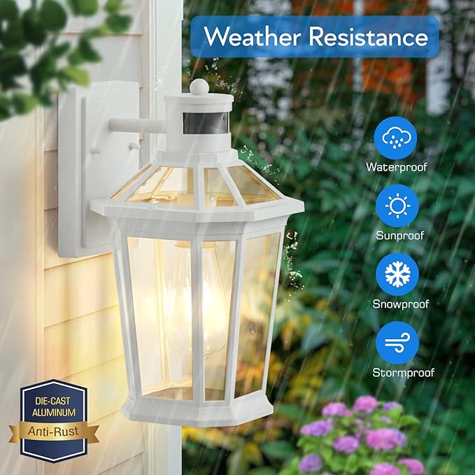 VIANIS Motion Sensor Outdoor Light Fixtures Wall Mount, 2 Pack White Dusk to Dawn Exterior Wall Lantern, Anti-Rust Wall Mount Lighting with Clear Glass Shade for House, Entryway, Front Door