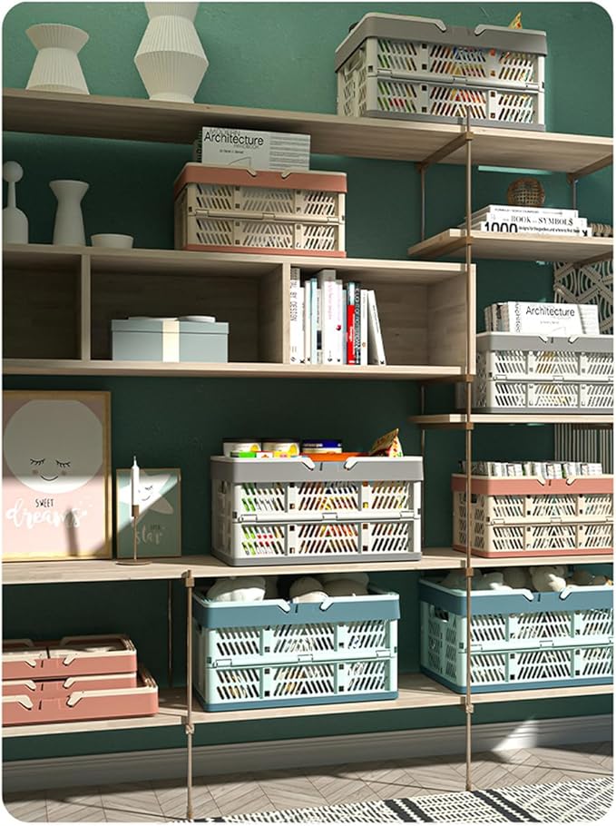 Foldable Handle Storage Crate Bin - 20L Collapsible Plastic Crate Stacking Storage Basket - Pink & Rose M