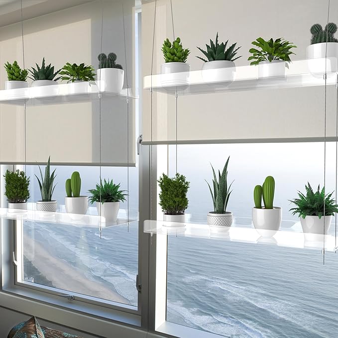 2-Tier Hanging Clear Plant Shelves for Windows, Acrylic Window Wall Plant Stand Shelf for Kitchen Indoor Gardens, Flower, Succulents, Herb, Seedling Organization, and Pots Display, 16 Inch per Tier