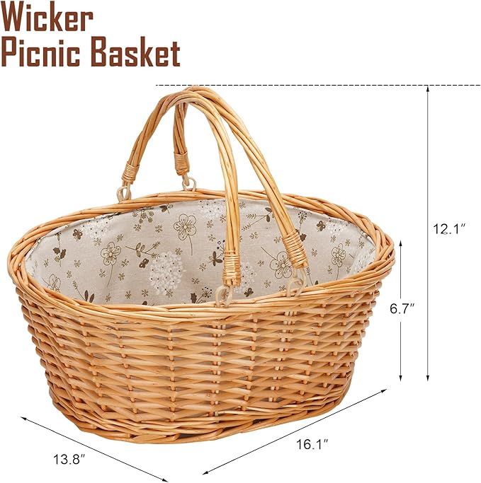 Wicker Picnic Basket with Double Folding Handles, Natural Large Willow Hamper Empty Basket Cheap Easter Eggs Candy Storage Wine Basket for Toy, Flower, Wedding(White 16inch)
