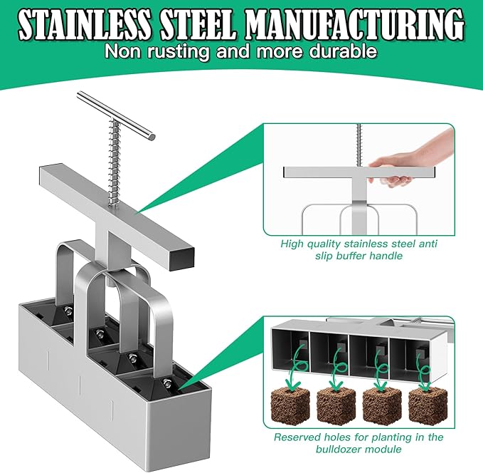 Soil Blocker, 4 Cell Hand Held Soil Blocker Come, 2 Inch Molds Soil Blocking Tool for Seeding, Germination,Grow Seedling,Stainless Steel Material
