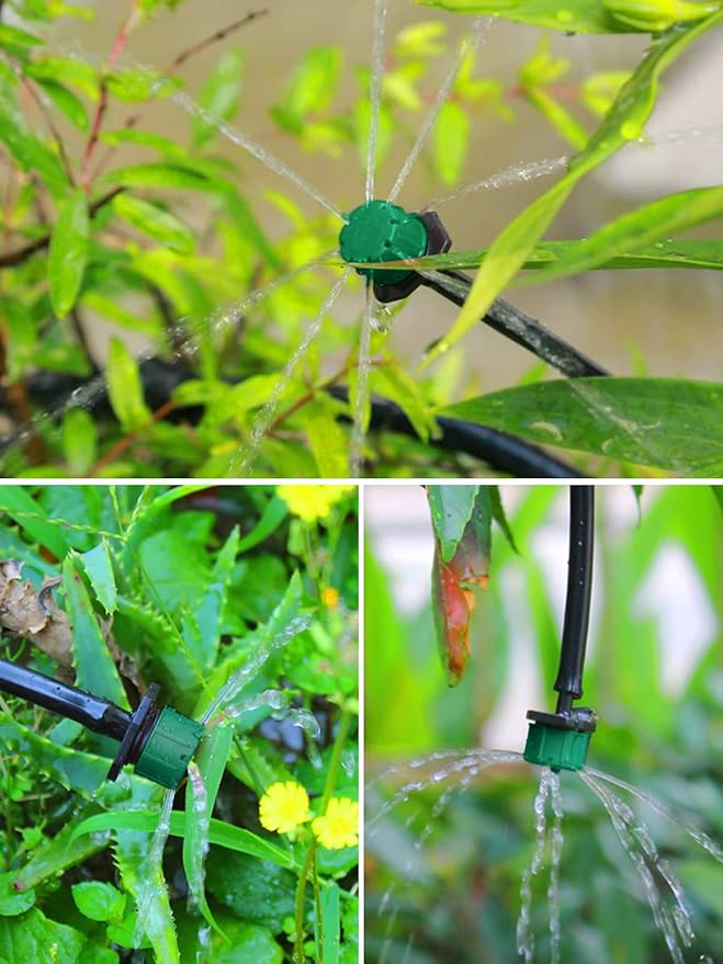 Kalolary 200Pcs Adjustable Irrigation Drippers, 1/4 Inch Barbed Drip Emitter 360 Degree Watering Sprinklers Anti-Clogging Drippers for 4mm/7mm Garden Watering System(Dark Green)