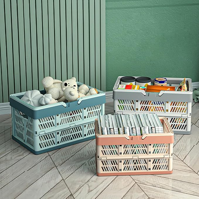 Plastic Storage Crate - 20L Collapsible Crate Stacking Folding Storage Basket - Sky Blue & Gray Blue M