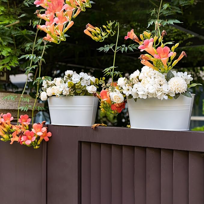 5 Pack Metal Hanging Flower Pots for Railing Fence,Outdoor Balcony Rail Planter with Garden Tools Detachable Hooks Drainage Holes for Deck Garden Home Decor White