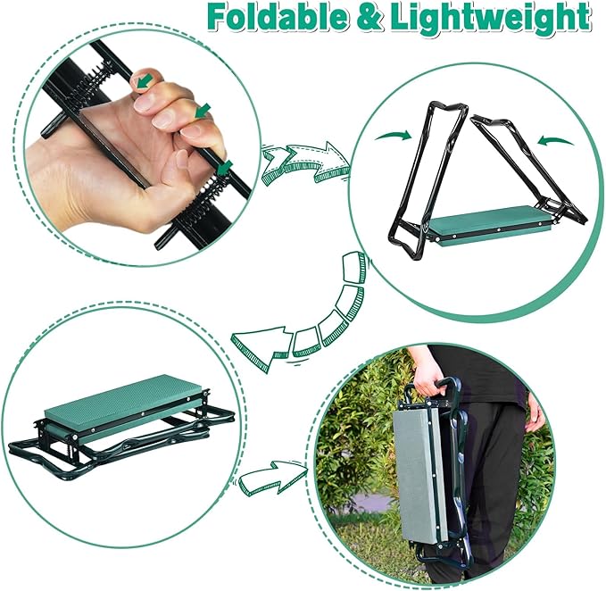 MENOLY Garden Kneeler and Seat, Folding Gardening Stool with Kneeling Pad, Gardening Bench with 6 Garden Tools, Tool Pouches, Glove, Detachable Belt, Gardening Gift for Women Men Mom Parents Elders
