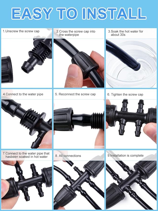 Kalolary 10PCS Barbed Tee 1/2 inch to 1/4 inch Irrigation Tube Anti-Drop Premiun Quality Fitting (fits 13mm ID/ 4mm ID), 16mm PE Pipe Lock Female Connector to 47 Pipe Variable Diameter Six-Way Adapter