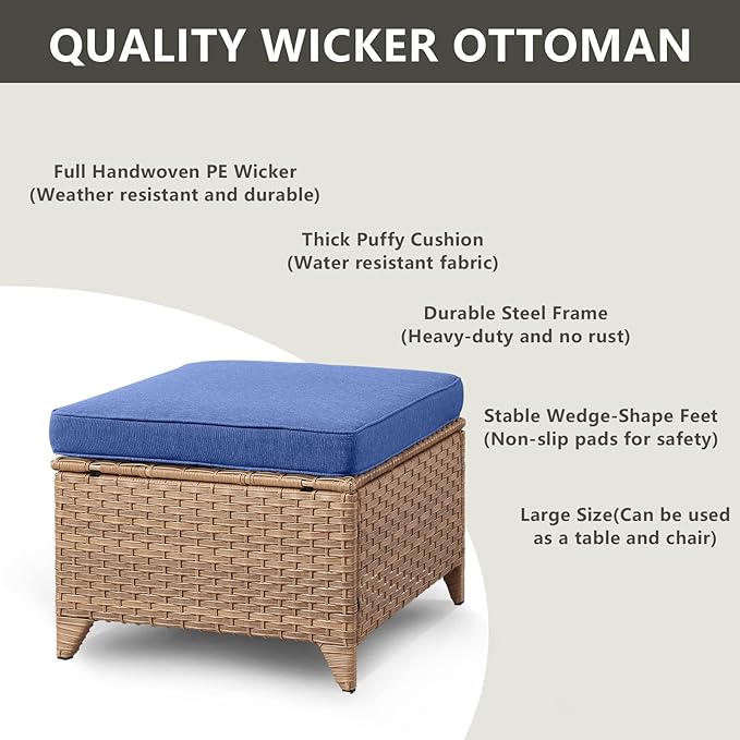 Outdoor Wicker Patio Furniture Set - 6 Piece Rattan Patio Conversation Set with 2 Rocking Swivel Chairs,2 Ottomans,1 Sofa and 1 Side Table for Porch Deck Backyard Garden(Yellow/Blue)