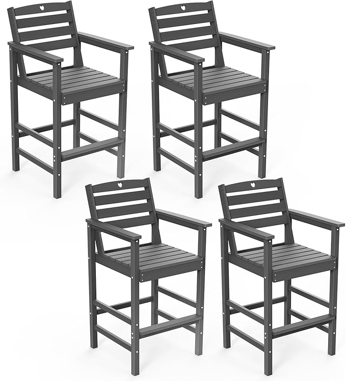 Tall Adirondack Chairs Set of 4, HDPE Wood Balcony Adirondack Chairs Set with Heart Cutout Design, Weather-Resistant Bar Height Furniture for Deck, Porch, Pool (Grey)